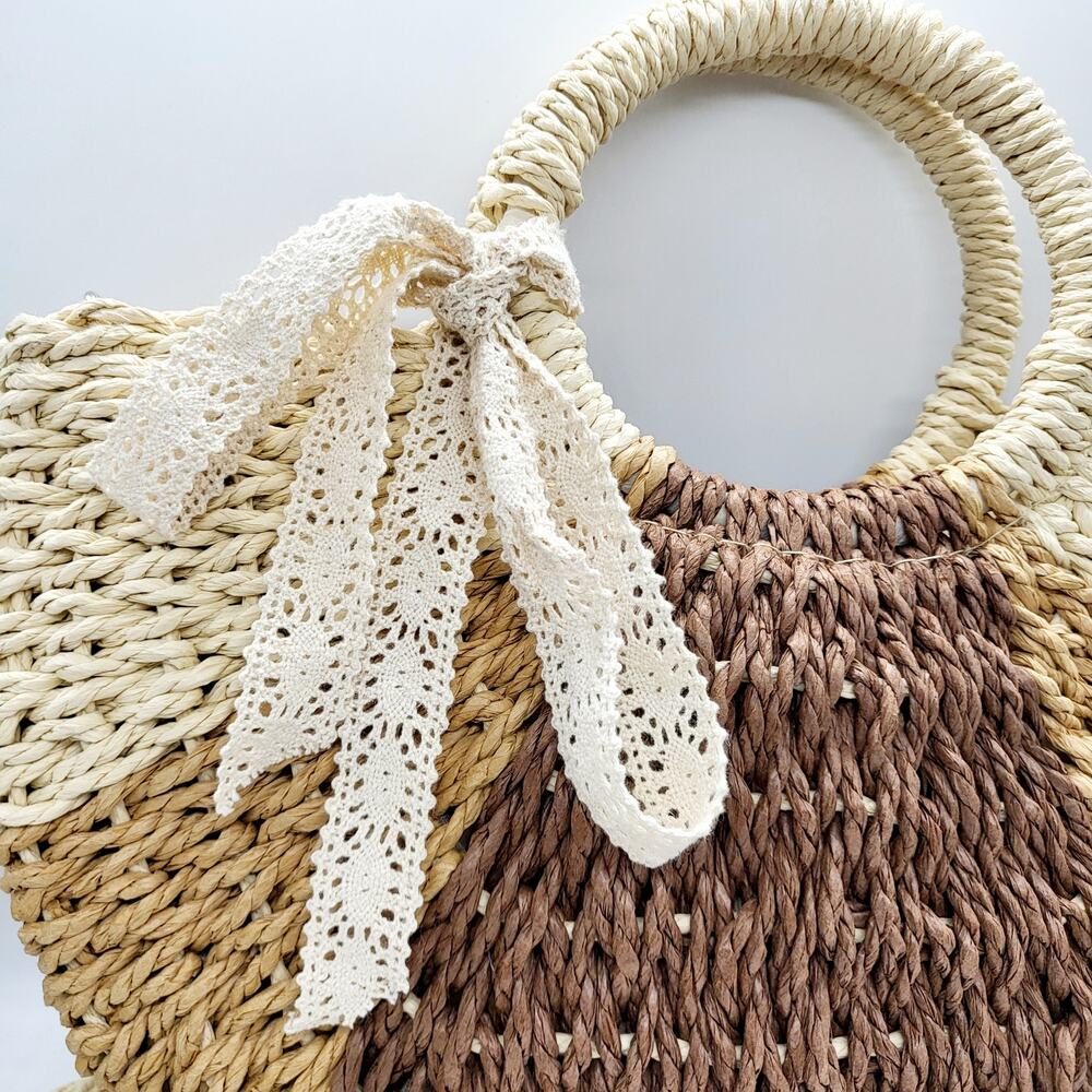 Convertible Brown Beige Colorblock Raffia Rattan Straw Handbag Purse Vacation - Picture 8 of 12